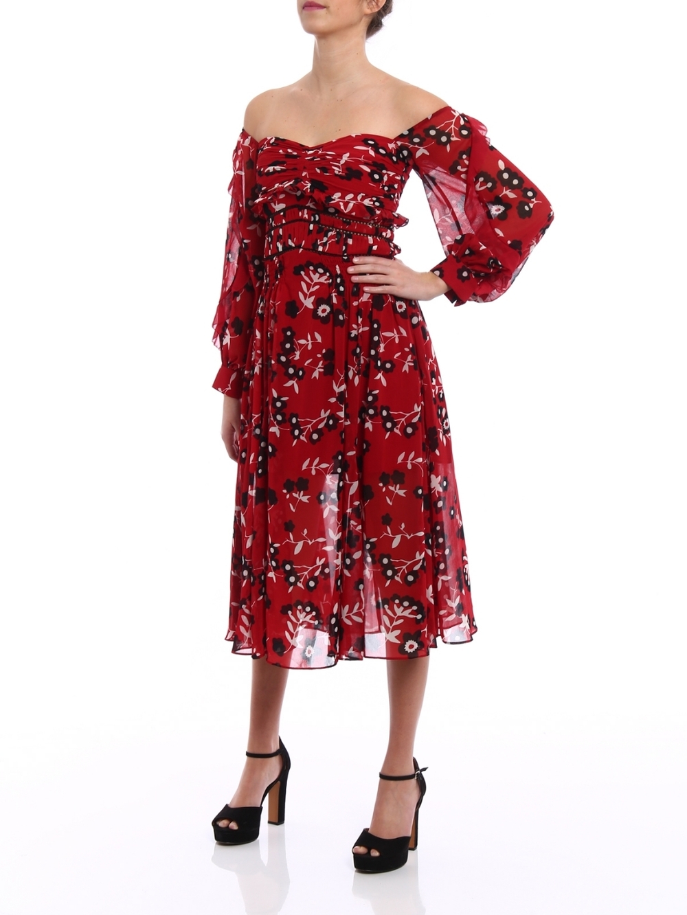 Self-Portrait Red Floral One-Shoulder Midi Dress